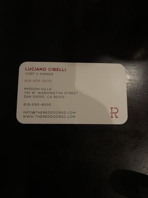 Chef’s card  at The Red Door in San Diego