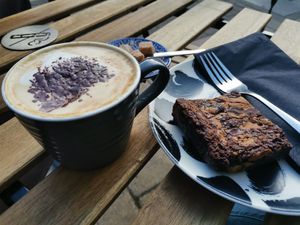 Cappuccino and brownie at North South in York