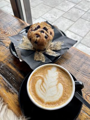 Oat flat white and blueberry&lemon muffin  at Shoelane Coffee in Dun Laoghaire
