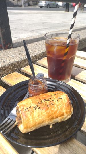 Vegan sausage roll and cold brew at Shoelane Coffee in Dun Laoghaire
