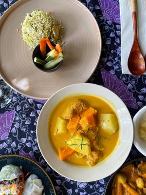 Sweet Potato & Pineapple Masak Lemak Cili Api RM40
A vegan version of the Negeri Sembilan classic. Rich pineapple curry with orange sweet potato. Served with our fresh, fragrant N at Pegaga in Langkawi