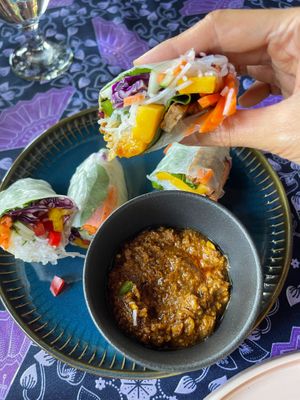 Rainbow Rolls RM 28
Vietnamese rice paper rolls with fresh herbs, vegetables & fruits. Served with peanut sauce (gluten-free) 
 at Pegaga in Langkawi