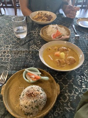Mushroom and tempeh rendang (back), pineapple/sweet potato curry (which included tofu) in the front   at Pegaga in Langkawi