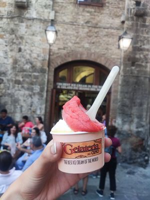 Passionfruit and strawberry gelato at Caffetteria Gelateria dell'Olmo in San Gimignano