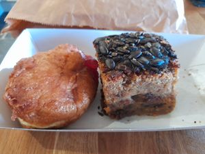 Wholesome carrot cake and really tasty "Krapfen" at The Big Rock Cafe in Porthmadog
