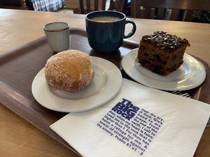 Carrot cake , doughnut & oat latte  at The Big Rock Cafe in Porthmadog