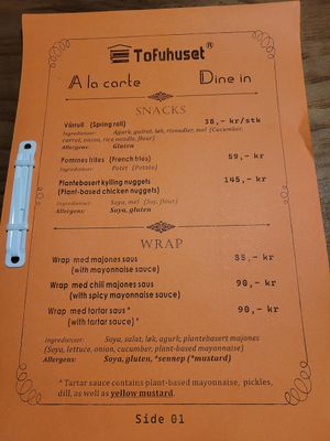 Menu as of 24 November 2024 at Tofuhuset in Sandnes