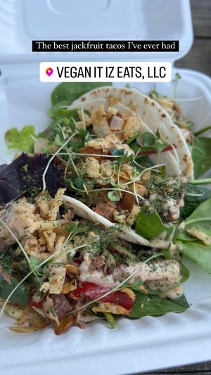 The photo says it. These jackfruit tacos are HELLA good. The best I’ve had, left me wanting to order another batch 😮  at Vegan It IZ Eats in Dayton