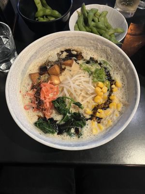 Soy milk broth and edamame   at Goemon Ramen Bar in Brighton