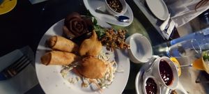 The 3 appetizers of the vegan menu with hot -, sweet - and eggplant sauce, it was 4 pieces each, took a picture after we had some already at Taipei Town in Ayia Napa