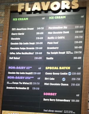 Wall menu; notice three non-dairy items, plus a sorbet at Ben & Jerry's - 30 Rockefeller Center in New York City