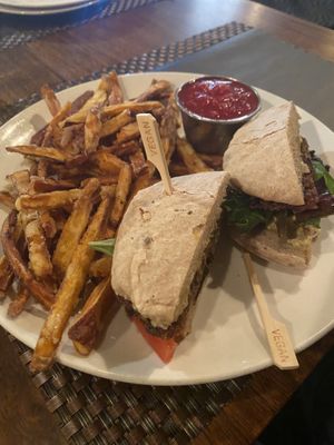 Vege burger with incredible smoked ketchup and sweet potato fries  at G-Zen in Branford