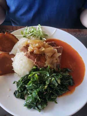 Creole Tempeh with mashed potatoes and corn bread at G-Zen in Branford