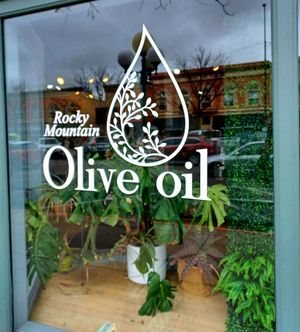 Business window at Rocky Mountain Olive Oil in Fort Collins