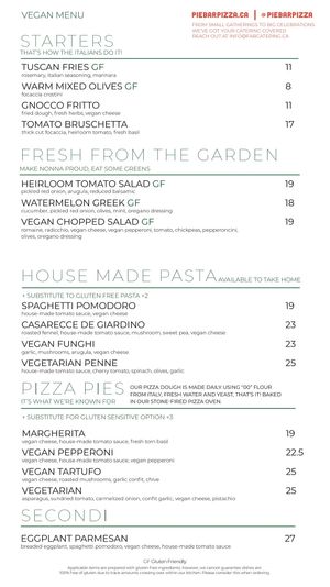 Vegan menu at Pie Bar in Toronto