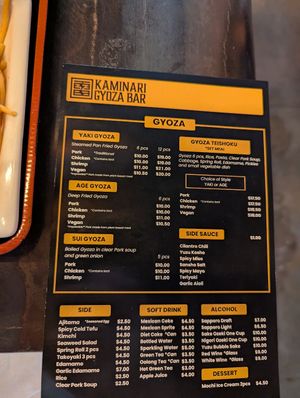 Menu as of July 2025 at KAMINARI GYOZA in Los Angeles