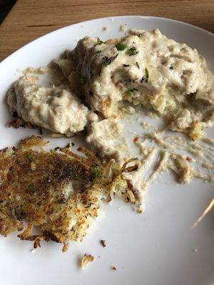 Biscuit and gravy with crispy hashbrown….half eaten 😬  at Vegan & Vine in Phoenix