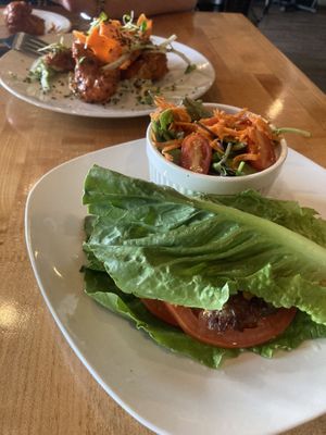 Buffalo cauli and burger (lettuce wrap option) and side salad   at Vegan & Vine in Phoenix
