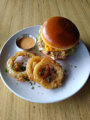 Chicken sandwich, amazing rings at Vegan & Vine in Phoenix