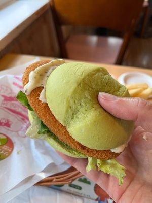 The limited time plant-based “soy sea burger”, with tartar sauce.  at Mos Burger in Otaru