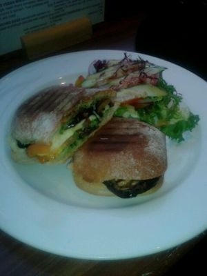 Vegan aubergine, cheese and roasted veg panini at Roots  Fruits and Flowers - Great Western in Glasgow