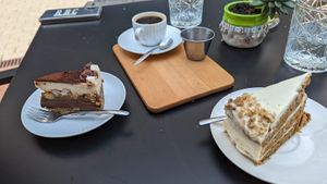 Chocolate Layer cake (vegan) and carrot cake (not vegan) at Natural Market LT in Klaipeda