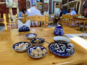 Coffee and sweets  at Silk Road Tea House in Bukhara