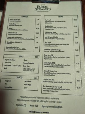 Mainly starters, 1 vegan and 1 veggie conversion option, all fairly standard at Robert Stewart's Spirit Grocers in Belfast