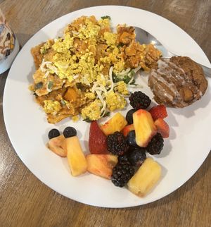 Vegan Tofu Chilaquiles & Pumpkin muffins w/ fresh fruit   at Ugly Biscuits Bed and Breakfast in Baraboo