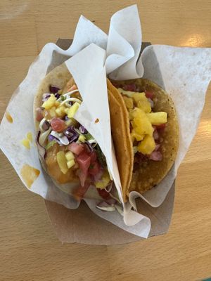 Fish taco (left) and Al Pastor taco (right)  at Tacotarian - Blue Diamond Rd in Las Vegas