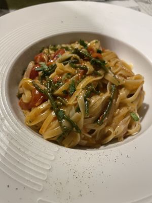 Pasta with monk’s beard, tomato sauce and lemon vinaigrette   at Origami in La Spezia