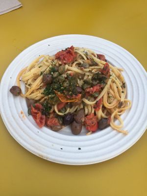 Origami food court at festival: Linguine with tomato, capers, olives at Origami in La Spezia