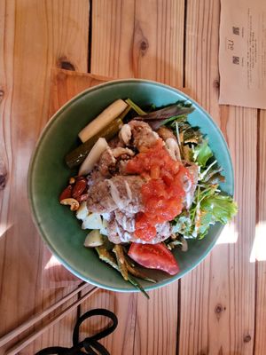 Bowl with deep fried soy meat at ne - Plant-based Cafe & Act in Yakushima