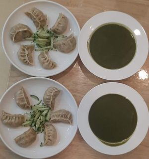 Lunch set: Spinach soup+Buuz at The Oneness Fountain Heart Vegan/Vegetarian Cafe in Ulaanbaatar
