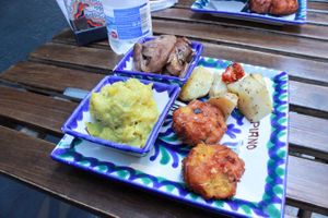 mushrooms, plantain curry, rosemary potatoes, corn fritters at El Piano - Malaga in Malaga