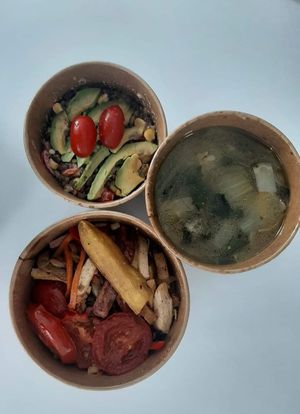 Bean salad; Lentil soup; Fried vegetables at Agnista Restaurant - Lagshan Center in Ulaanbaatar