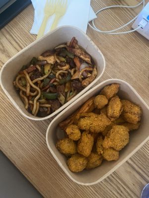 Udon noodle stir fry and chicken nuggets  at Agnista Restaurant - Lagshan Center in Ulaanbaatar