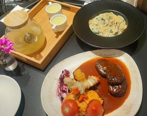 Agnista steak; Creamy mushroom pasta; Lemon & orange tea at Agnista Restaurant - Lagshan Center in Ulaanbaatar