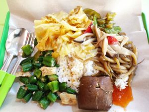 Rice with ladies finger, curry vegetables and braised tofu - $3.50. King Oyster mushroom was offered by boss at Yu Cheng Restaurant 雨成饭庄 in Central Singapore