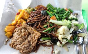 Fried noodle with braised layered tofu skin, pumpkin, long beans and broccoli & cauliflower - $4.80 at Yu Cheng Restaurant 雨成饭庄 in Central Singapore