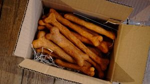 The red bell pepper bones are harder than the carrot ones and a very good exercise for the dogs teeth. Fun, nutrition, dental care....all in one.  at hundsfutter in Madrid