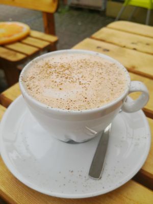 Oatmilk Cappuccino at Wurzelküche-Gesundes MIttag in Dresden
