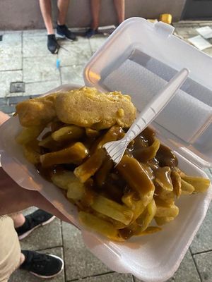 Battered vegan sausage and chips w/gravy at The Food Studio @ ChippyLane in Cardiff