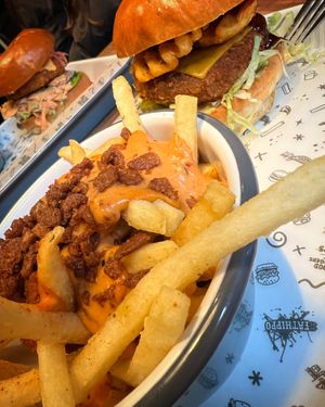 Loaded fries, Notorious VFC2.0 burger and Harlem Fake burger at the back  at Fat Hippo in Nottingham