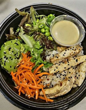 Fusion Bowl takeout with ginger tofu and wasabi dressing (vegan) at Tea Bar & Fusion Cafe in Sacramento