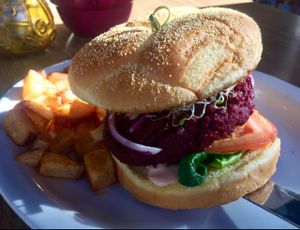 Homemade Veggie Burger at The Den Cafe in Santa Ana