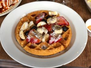 Vegan Belgian Waffle at The Den Cafe in Santa Ana