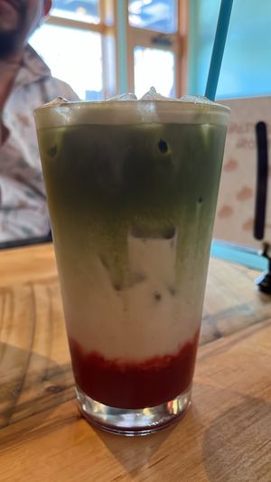 Vegan matcha with oatmilk and strawberry 🍓   at Ba's Vietnamese Comfort Food in Albany