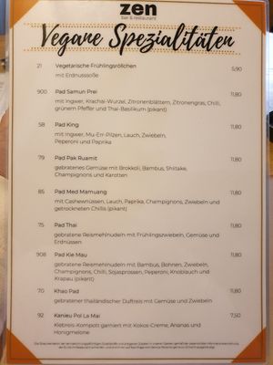 Vegane Karte at ZEN Bar in Erlangen