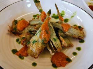Carciofo fritto, Crema di Cipolla, Pesto di Pomodori Secchi at Le Rasole in Garda
